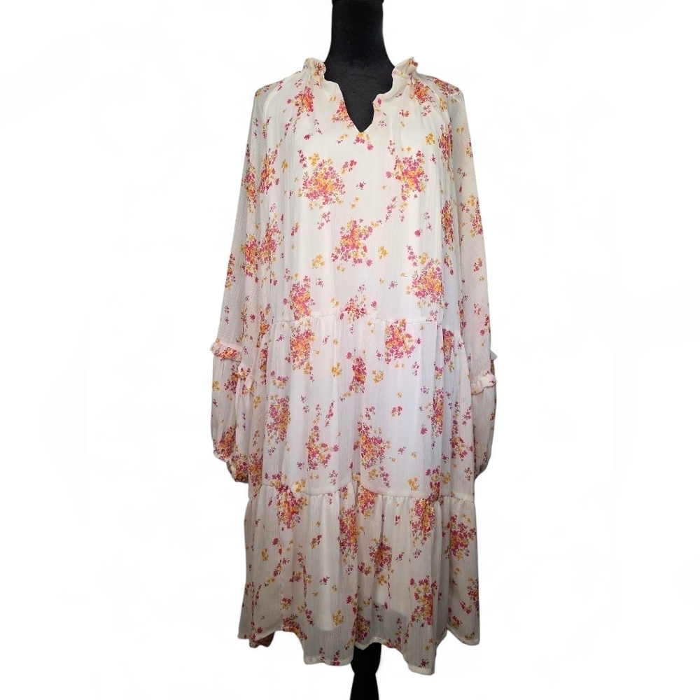 NWT Vince Camuto White Floral Ruffle Sheer Long-sleeve Lined Spring Dress XXL